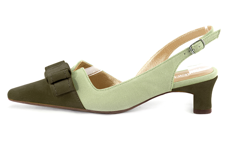 Khaki green women's open back shoes, with a knot. Tapered toe. Low kitten heels. Profile view - Florence KOOIJMAN